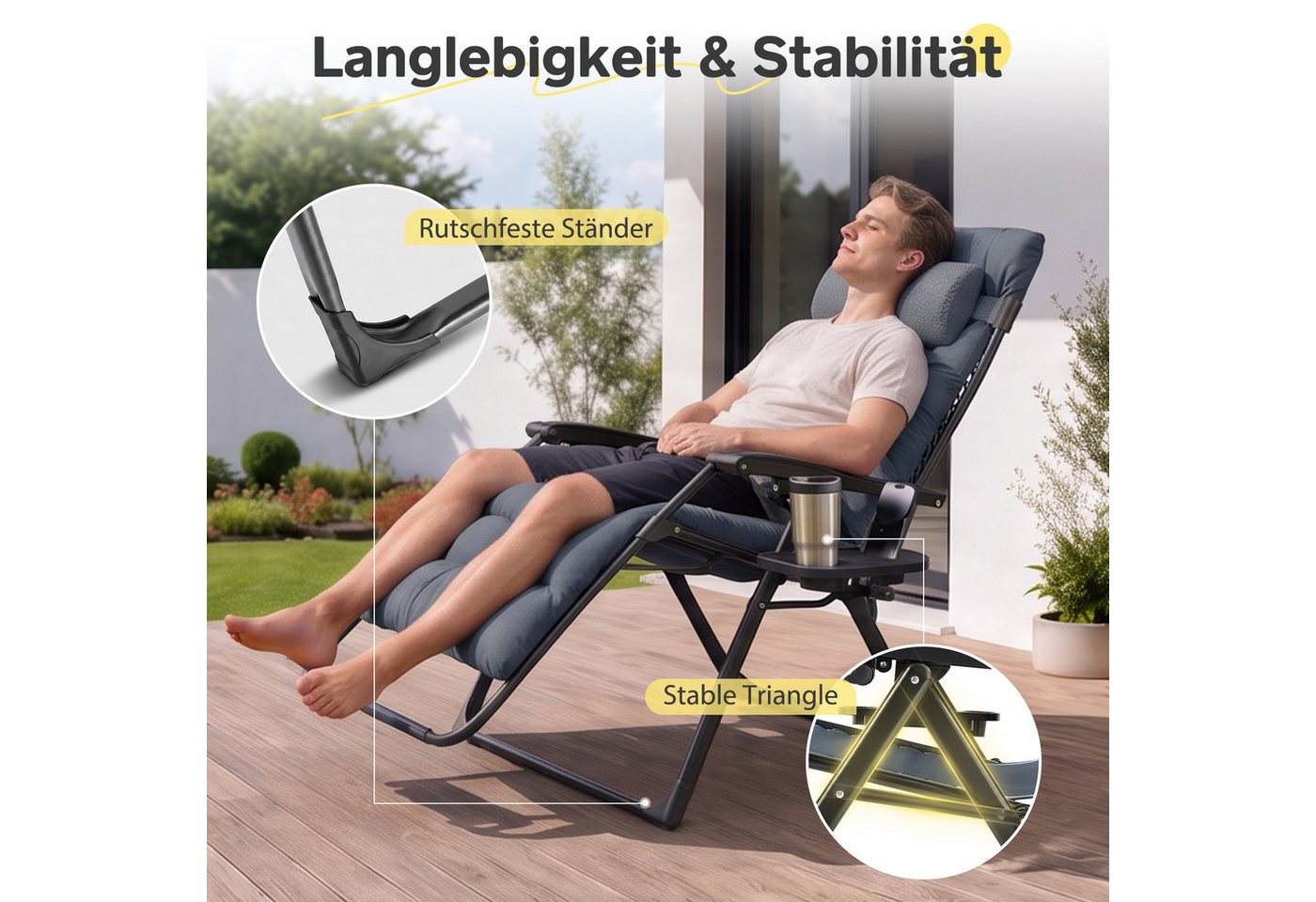 Sekey Gartenliege Sonnenliege Klappbar Gepolstert Liegestuhl mit Auflage Getränkehalter, 3-stufig verstellbar, Campingstuhl bis 150 kg, mit Nackenkissen