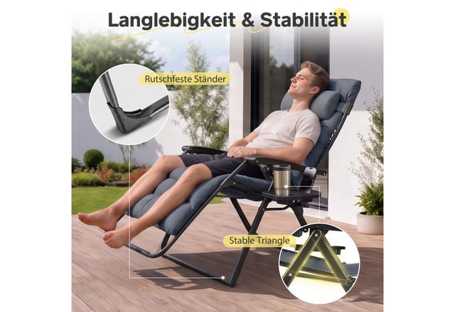 Sekey Gartenliege Sonnenliege Klappbar Gepolstert Liegestuhl mit Auflage Getränkehalter, 3-stufig verstellbar, Campingstuhl bis 150 kg, mit Nackenkissen