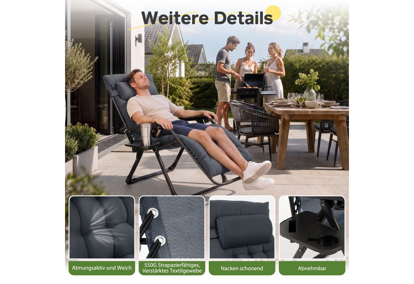 Sekey Gartenliege Sonnenliege Klappbar Gepolstert Liegestuhl mit Auflage Getränkehalter, 3-stufig verstellbar, Campingstuhl bis 150 kg, mit Nackenkissen Bild 3