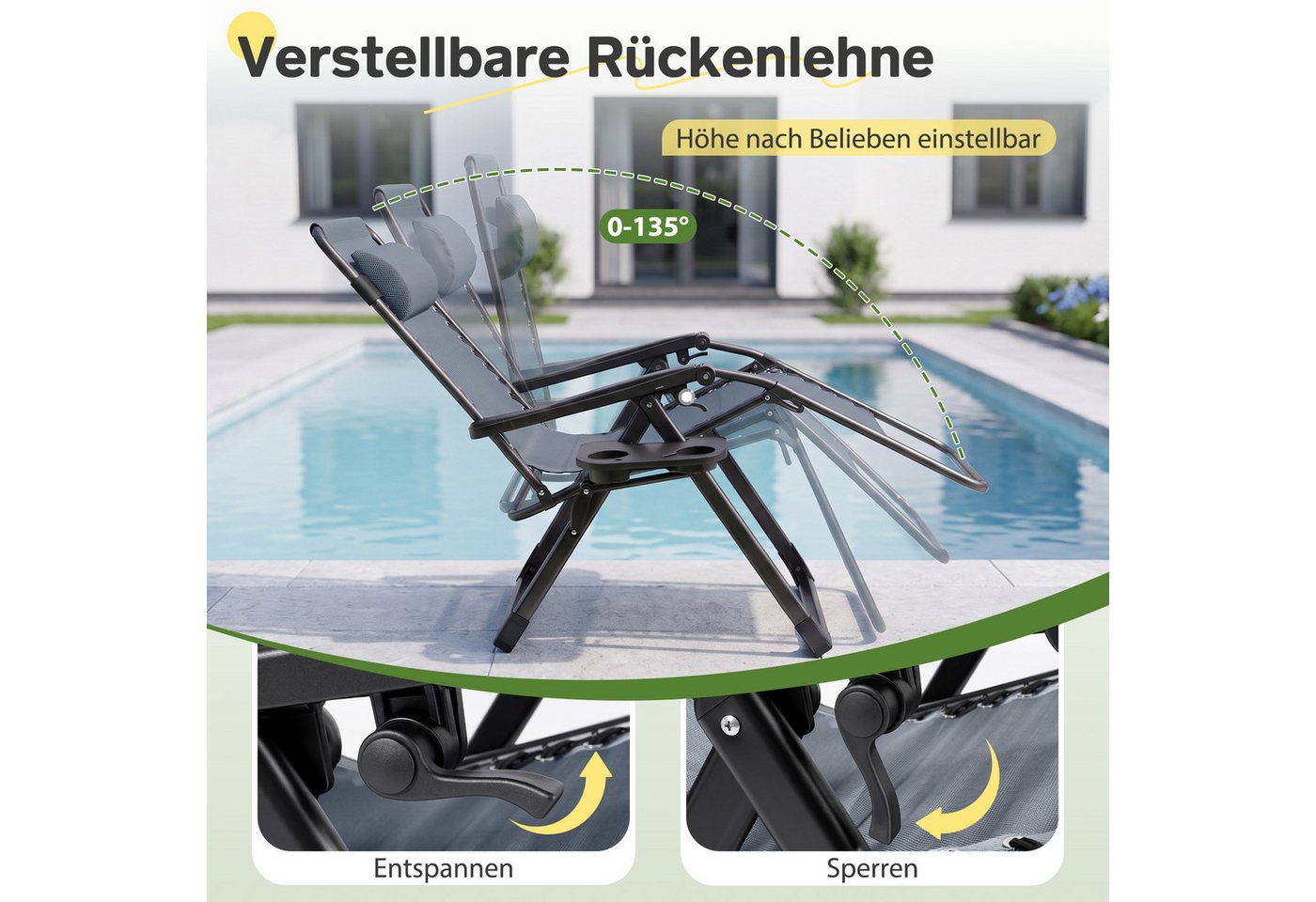 Sekey Gartenliege Sonnenliege Klappbar Gepolstert Liegestuhl mit Auflage Getränkehalter, 3-stufig verstellbar, Campingstuhl bis 150 kg, mit Nackenkissen Bild 4