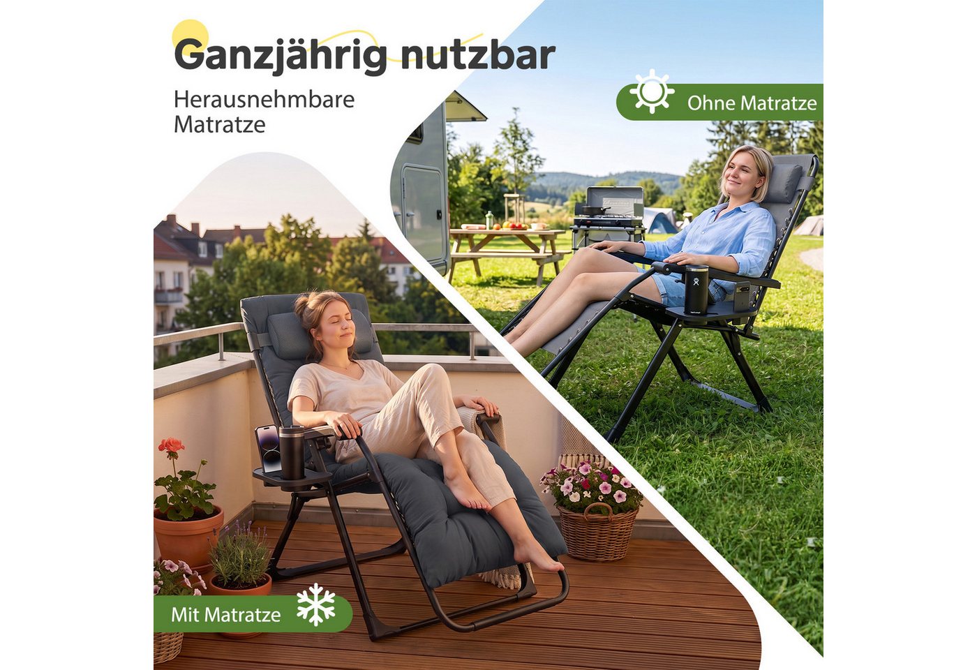 Sekey Gartenliege Sonnenliege Klappbar Gepolstert Liegestuhl mit Auflage Getränkehalter, 3-stufig verstellbar, Campingstuhl bis 150 kg, mit Nackenkissen Bild 5