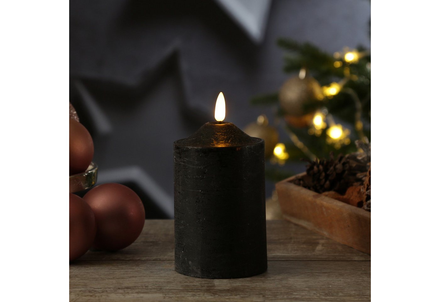 MARELIDA LED-Kerze Rustik-Optik Echtwachskerze H: 15cm, D: 7,5cm Timer schwarz, LED Classic, warmweiß (2100K bis 3000K) Bild 2