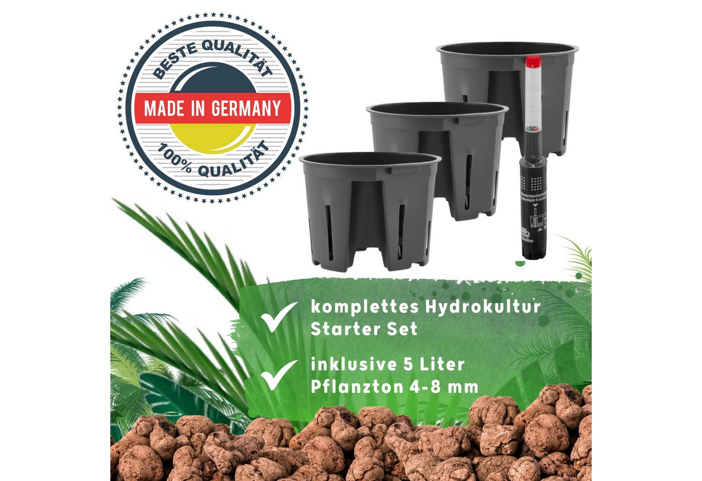 LENI Jardiniere Blumentopf länglich Pflanzkasten 36 cm lang Kräuter & Zimmerpflanzen (Komplettes Starter Set Selbstbewässerungstopf, mit 3 x Kulturtopf, 1 x Wasserstandsanzeiger, 5l Pflanzton), Übertopf ohne Loch für Hydrokultur & Erde, perfekt als Kräuter-Topf