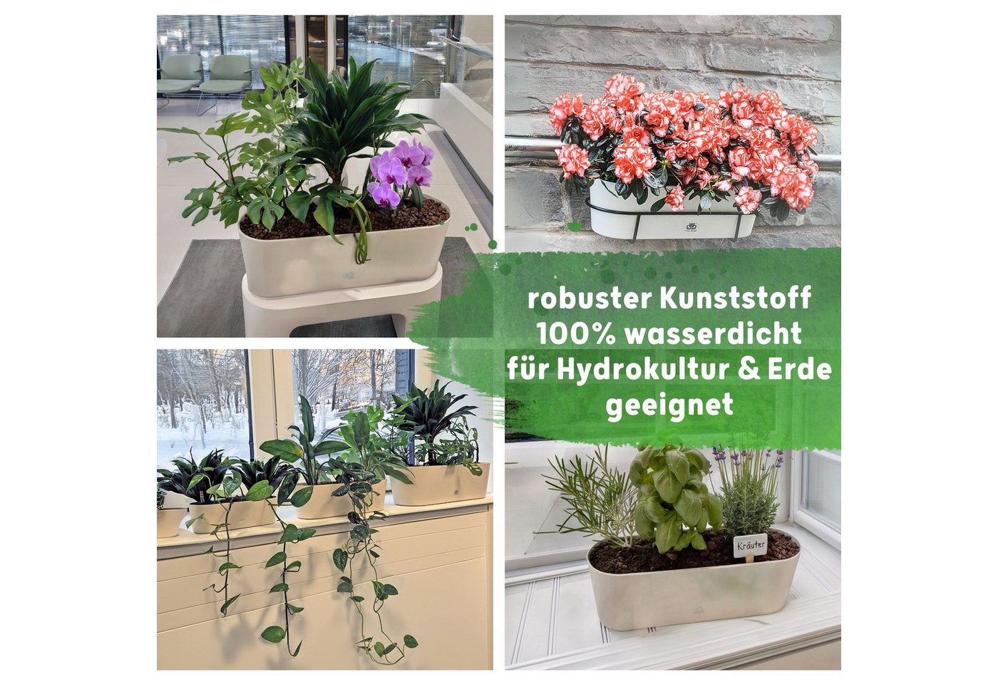 LENI Jardiniere Blumentopf länglich Pflanzkasten 36 cm lang Kräuter & Zimmerpflanzen (Komplettes Starter Set Selbstbewässerungstopf, mit 3 x Kulturtopf, 1 x Wasserstandsanzeiger, 5l Pflanzton), Übertopf ohne Loch für Hydrokultur & Erde, perfekt als Kräuter-Topf Bild 4
