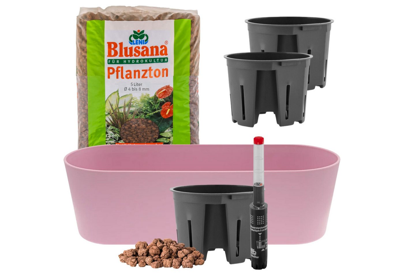 LENI Jardiniere Blumentopf länglich Pflanzkasten 36 cm lang Kräuter & Zimmerpflanzen (Komplettes Starter Set Selbstbewässerungstopf, mit 3 x Kulturtopf, 1 x Wasserstandsanzeiger, 5l Pflanzton), Übertopf ohne Loch für Hydrokultur & Erde, perfekt als Kräuter-Topf Bild 5