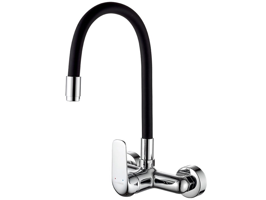 KOLMAN Küchenarmatur Wandmontage Wasserhahn ELZA Küchenmischer mit flexiblen Auslauf in Chrom-Schwarz Bild 2