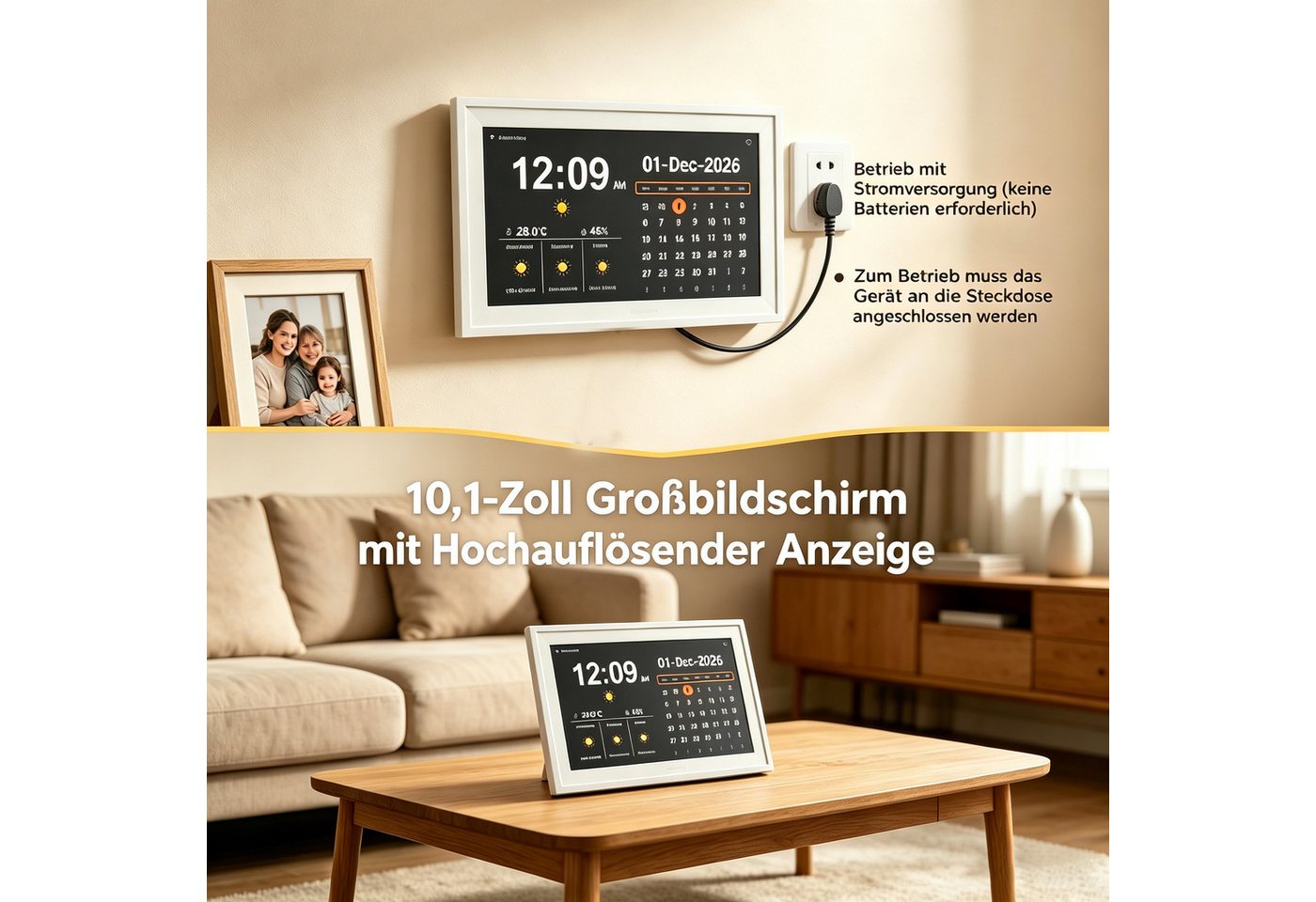 ibettertec Bilderrahmen 10,1 Zoll Digitaler Bilderrahmen Kalenderuhr mit Wetterstation, (Wandmontage & Tischaufstellung), Tages- und Monatskalender, Digitaler Bilderrahmen, 18 Sprachen, Foto- & Videowiedergabe per USB oder Speicherkarte Bild 3