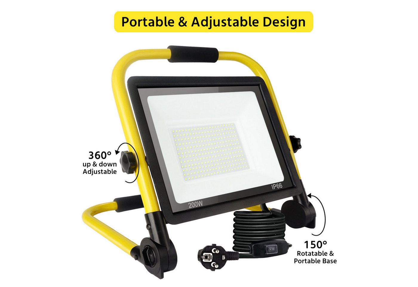 POPOLIC LED Baustrahler Tragbare Baustellenleuchte mit Aluminium-Gehäuse, 200W, IP66 wasserdicht, Baustellenbeleuchtung mit 3,5 m Kabel und EU-Stecker für Werkstatt und Garage, 200-W-LED-Baustellenstrahler, 21600 lm Arbeitsscheinwerfer