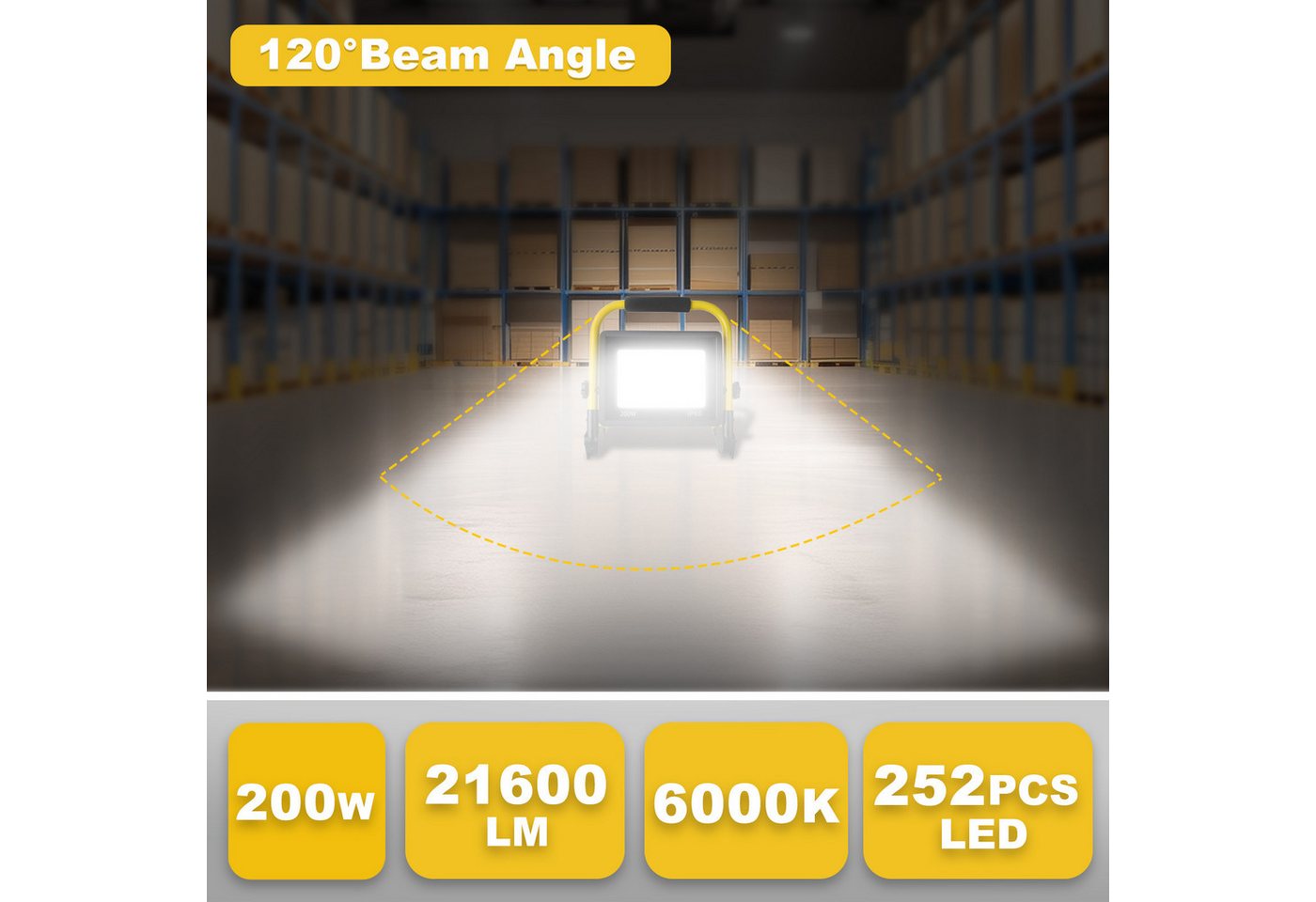 POPOLIC LED Baustrahler Tragbare Baustellenleuchte mit Aluminium-Gehäuse, 200W, IP66 wasserdicht, Baustellenbeleuchtung mit 3,5 m Kabel und EU-Stecker für Werkstatt und Garage, 200-W-LED-Baustellenstrahler, 21600 lm Arbeitsscheinwerfer Bild 3