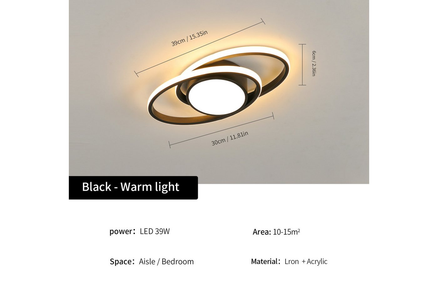 Riserva LED Deckenleuchte LED Deckenleuchte Oval Schwarz 39W Warmweiß 3000K Modern 220V
