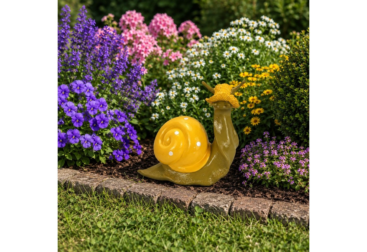 Online-Fuchs Gartenfigur süße Schnecke mit Hut für außen - Deko Figuren für Garten, (mit Schneckenhäuschen und Strohhut, in 3 Farben erhältlich), aus langlebigem Kunstharz gefertigt, wetterfest - 21 cm groß