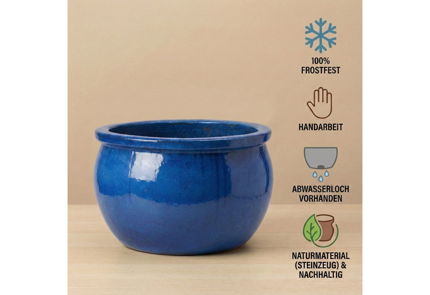 Teramico Blumentopf Pflanzgefäß Keramik "Bavaria" Royal Blau – Ø 35 cm Frostfest (1 St), Frostfest, UV-Fest Bild 4
