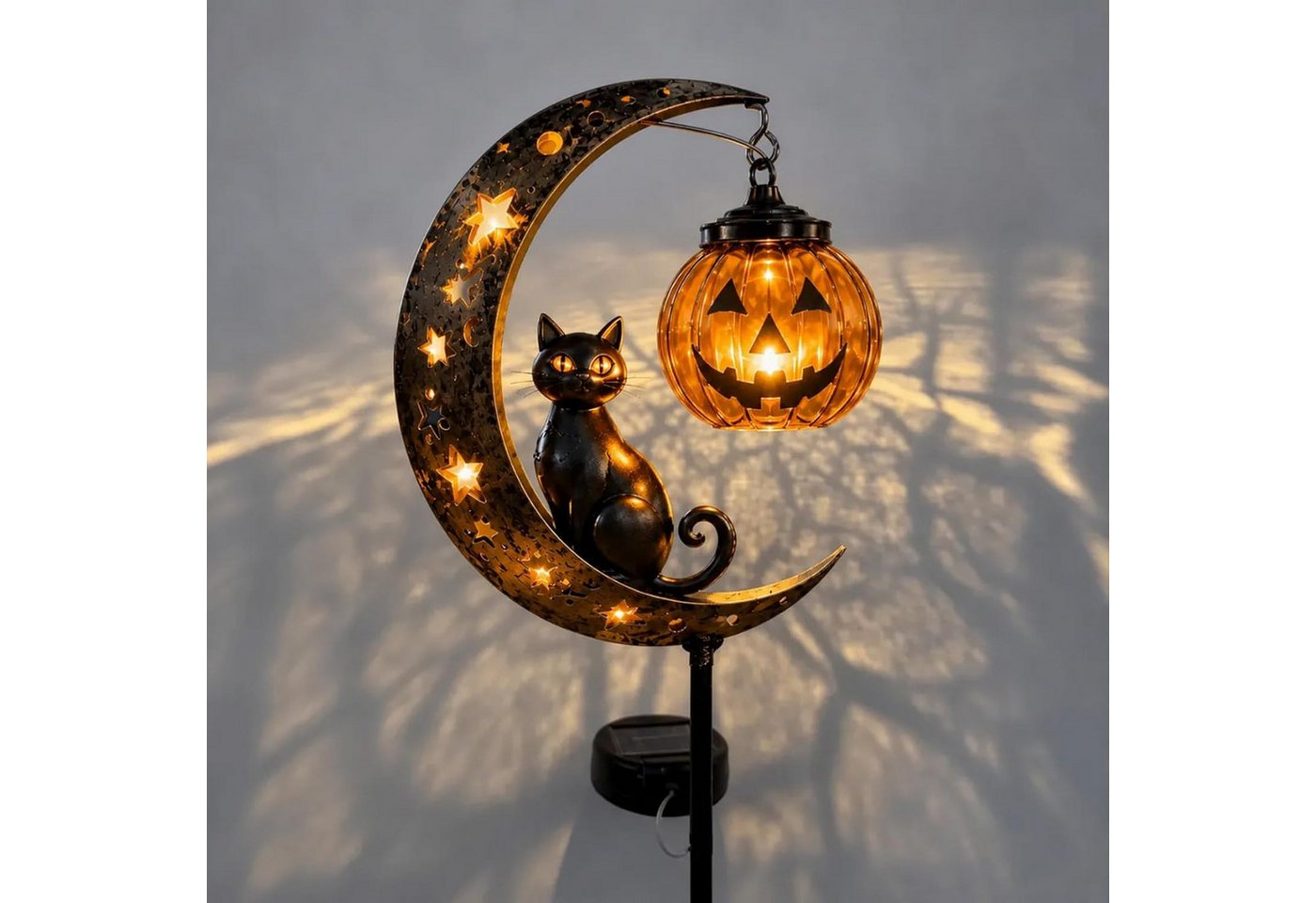 nsihing Gartenleuchte Solar Halloween-Schwarze Katze & Kürbis-Mond Gartensteckleuchte Bild 2
