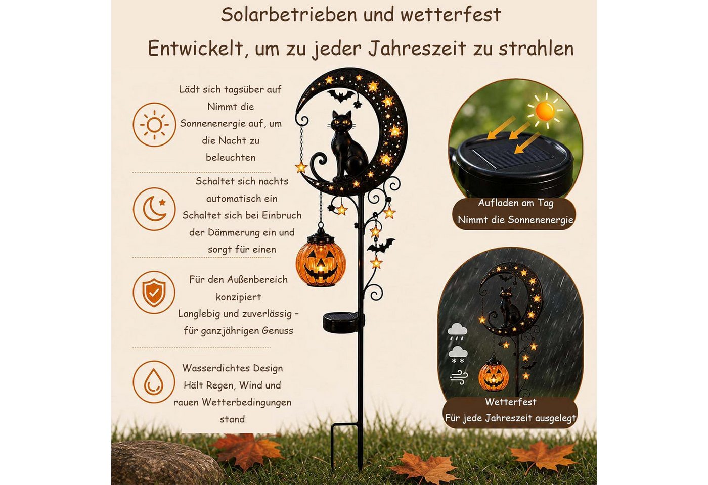 nsihing Gartenleuchte Solar Halloween-Schwarze Katze & Kürbis-Mond Gartensteckleuchte Bild 3