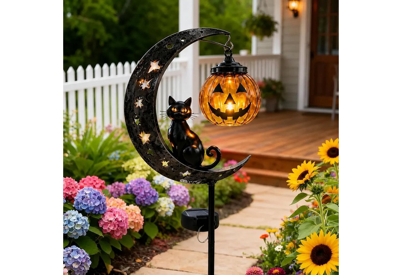 nsihing Gartenleuchte Solar Halloween-Schwarze Katze & Kürbis-Mond Gartensteckleuchte Bild 4