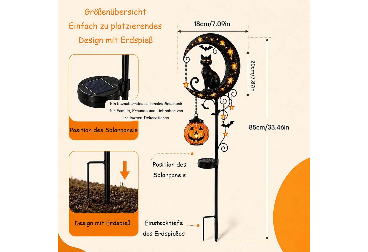 nsihing Gartenleuchte Solar Halloween-Schwarze Katze & Kürbis-Mond Gartensteckleuchte Bild 5