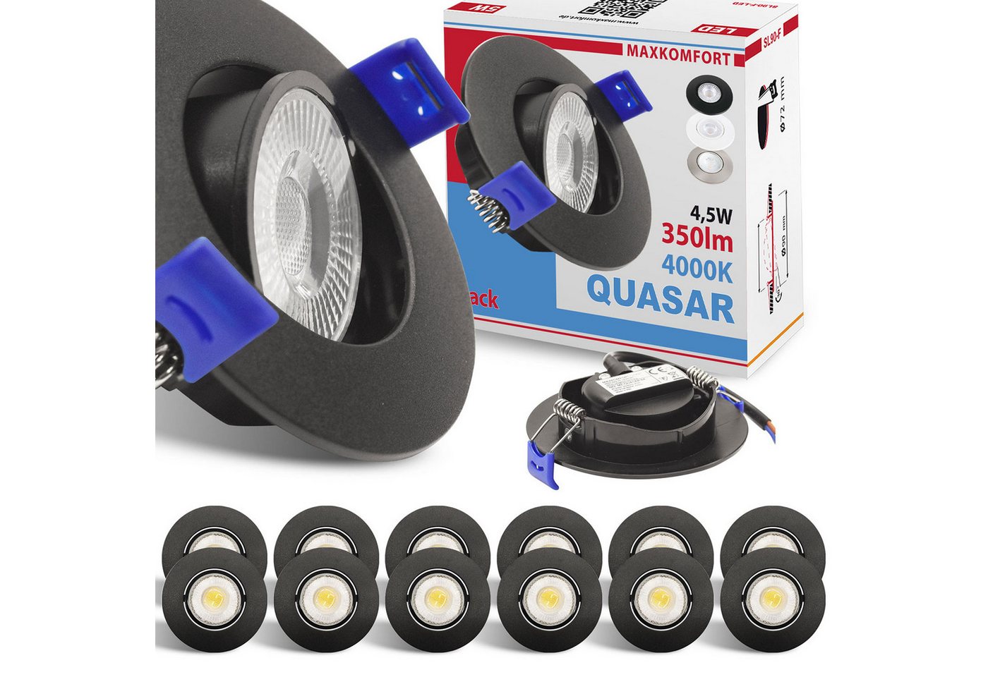 Maxkomfort LED Einbaustrahler 3/6/12er Set - schwenkbar & Ultraflach, Neutralweiß 4000K, LED fest integriert, Deckenspots Schwarz/Weiß/Silber - Einbauspots IP20 Ø90mm Bild 4