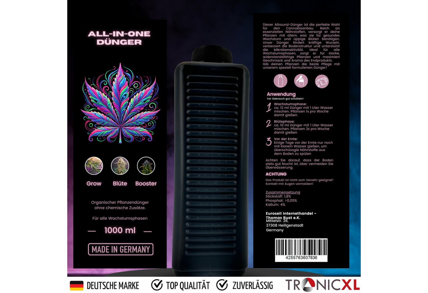 TronicXL Spezialdünger 3L Grow Dünger Cannabis Wachstumsphase Blütephase Indoor Outdoor, Flüssigdünger, Konzentrat