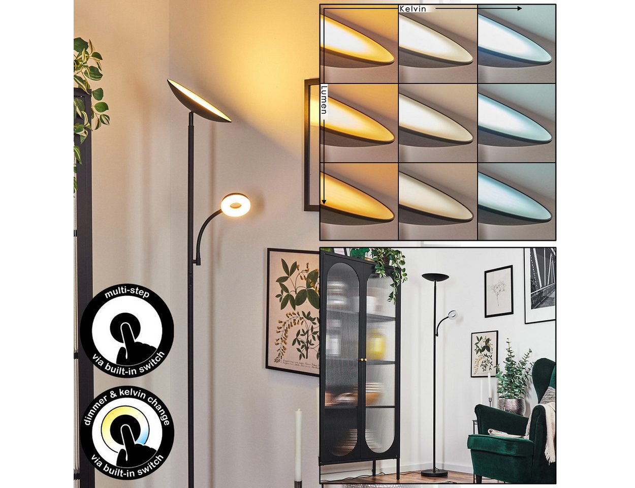 hofstein Stehlampe dimmbare Stehlampe aus Metall/Kunststoff in Schwarz/Weiß, ohne Leuchtmittel, verstellbar, im modernen Design, Touchdimmer, CCT, 187,5 cm Bild 2