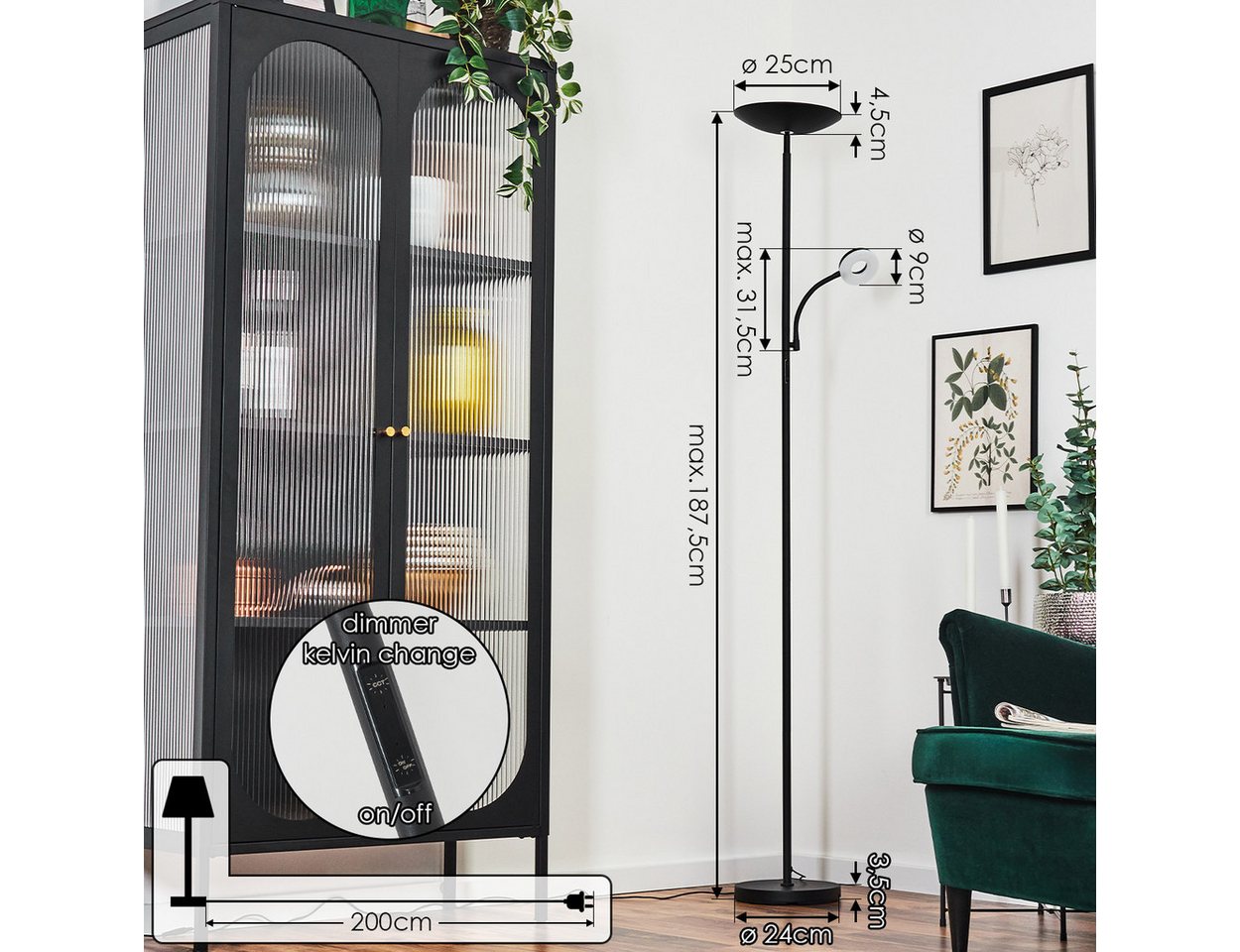 hofstein Stehlampe dimmbare Stehlampe aus Metall/Kunststoff in Schwarz/Weiß, ohne Leuchtmittel, verstellbar, im modernen Design, Touchdimmer, CCT, 187,5 cm Bild 4