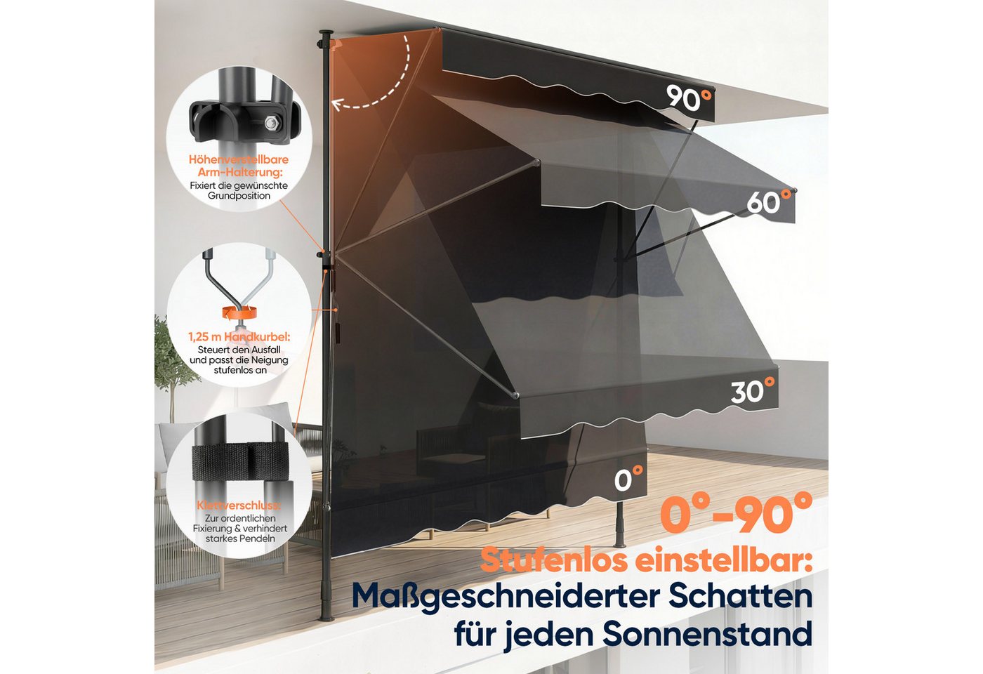 Sekey Klemmmarkise Markise für balkon mit Kurbel Sonnenschutz ohne Bohren UV-beständig B x H: 250 x 212-310 cm, Dunkelgrau Bild 2