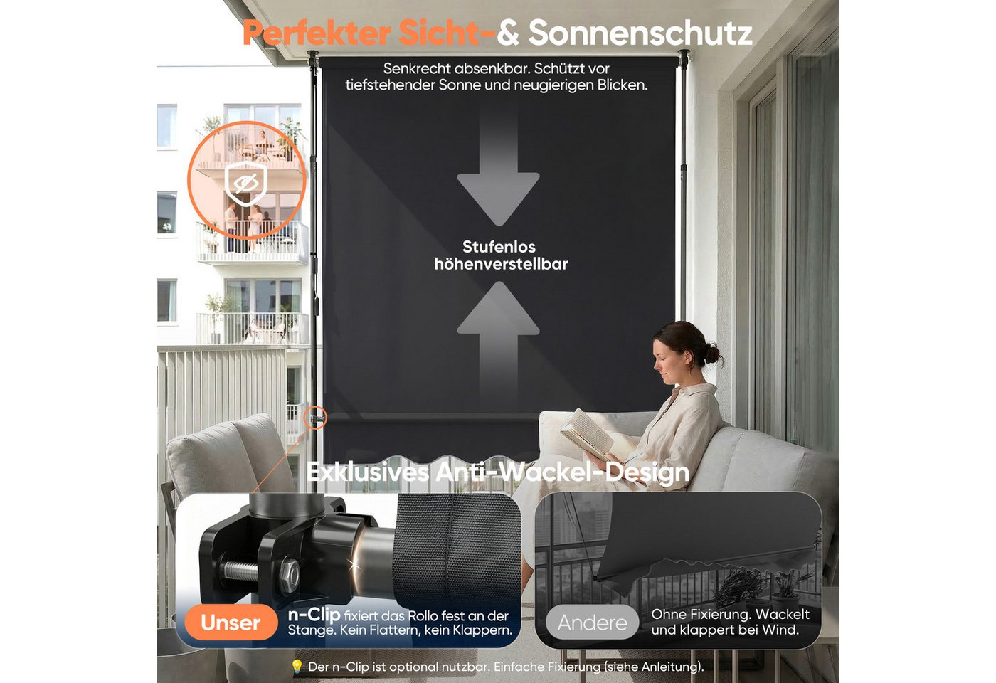Sekey Klemmmarkise Markise für balkon mit Kurbel Sonnenschutz ohne Bohren UV-beständig B x H: 250 x 212-310 cm, Dunkelgrau Bild 3