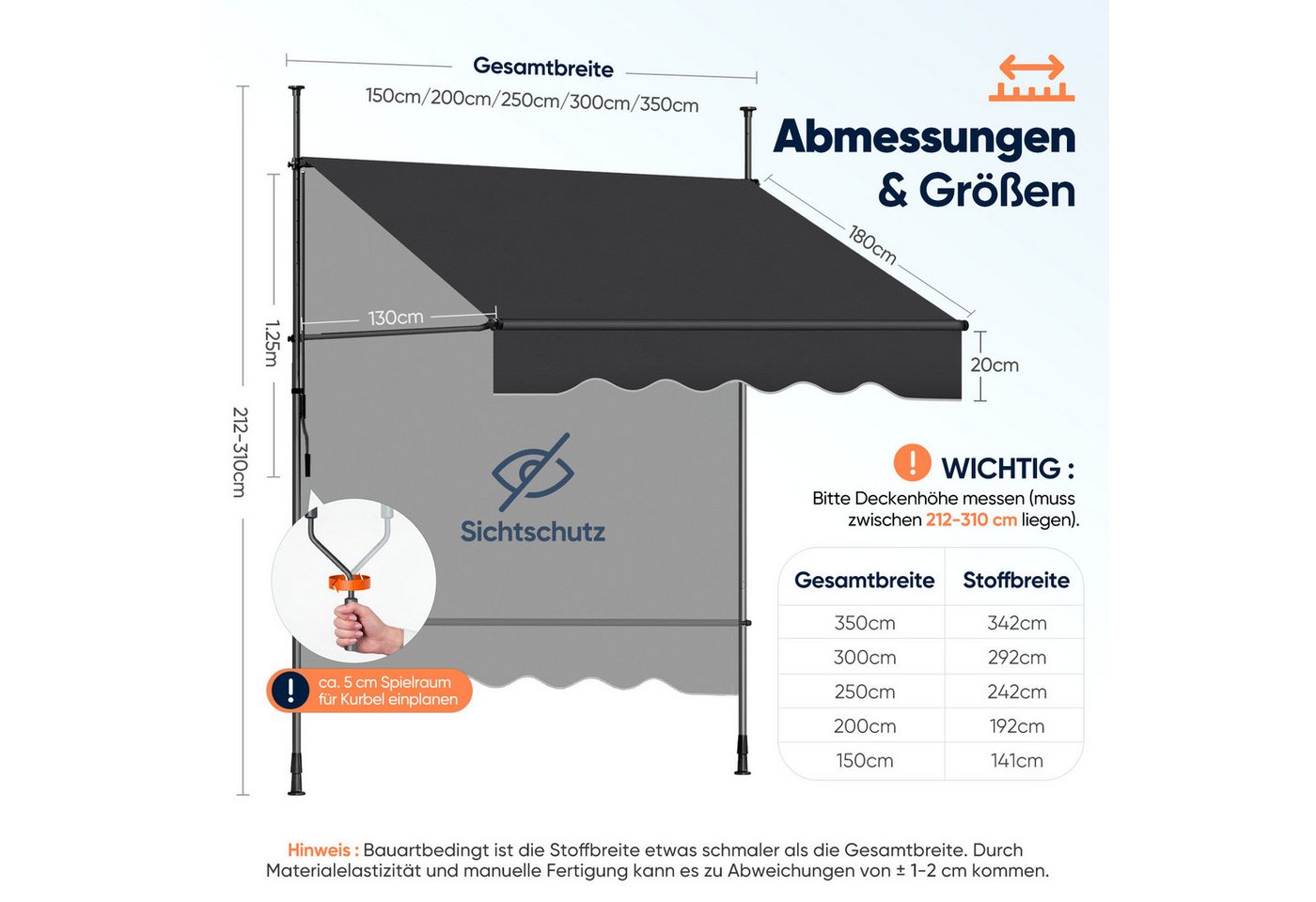 Sekey Klemmmarkise Markise für balkon mit Kurbel Sonnenschutz ohne Bohren UV-beständig B x H: 250 x 212-310 cm, Dunkelgrau Bild 4