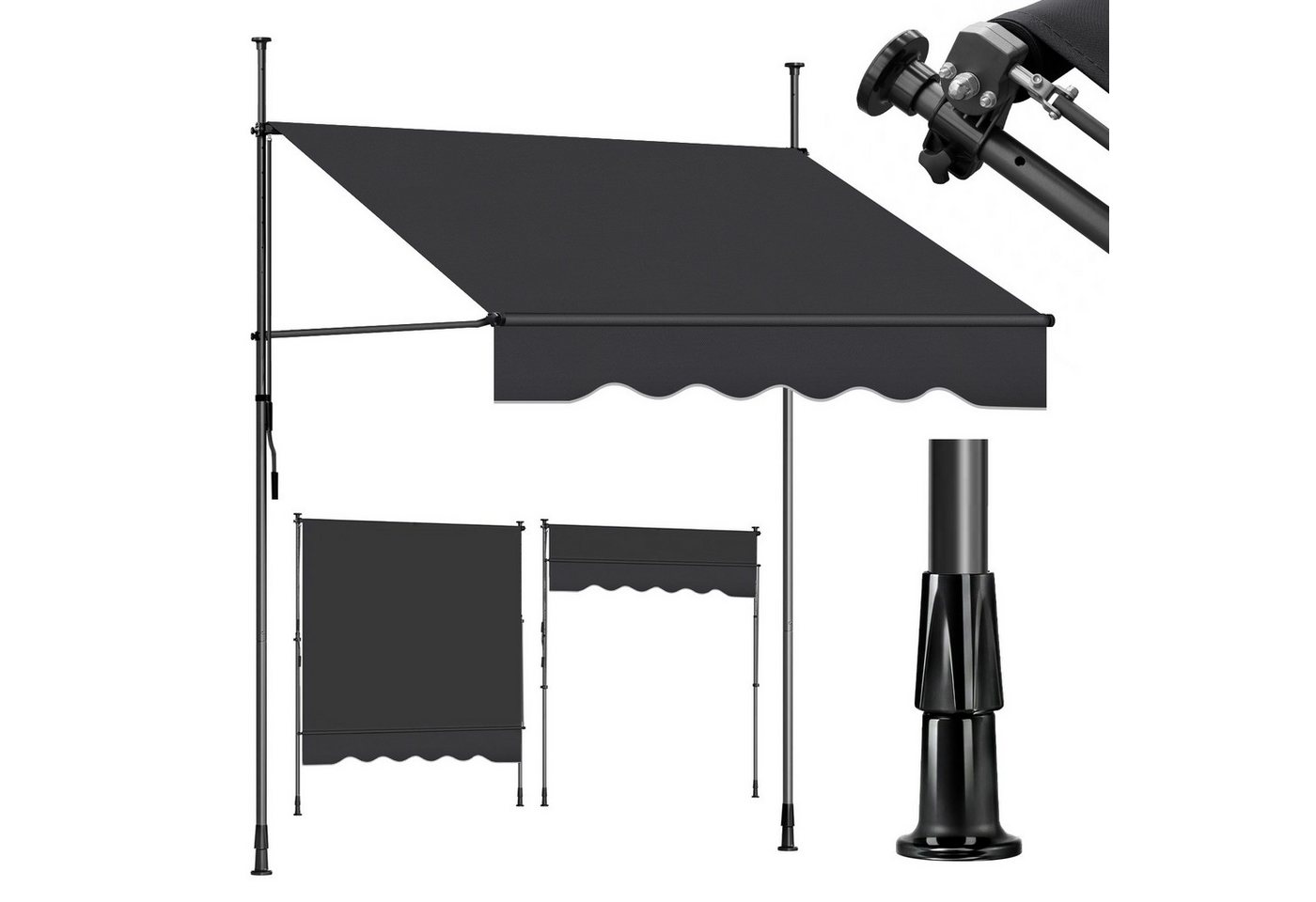 Sekey Klemmmarkise Markise für balkon mit Kurbel Sonnenschutz ohne Bohren UV-beständig B x H: 250 x 212-310 cm, Dunkelgrau Bild 5