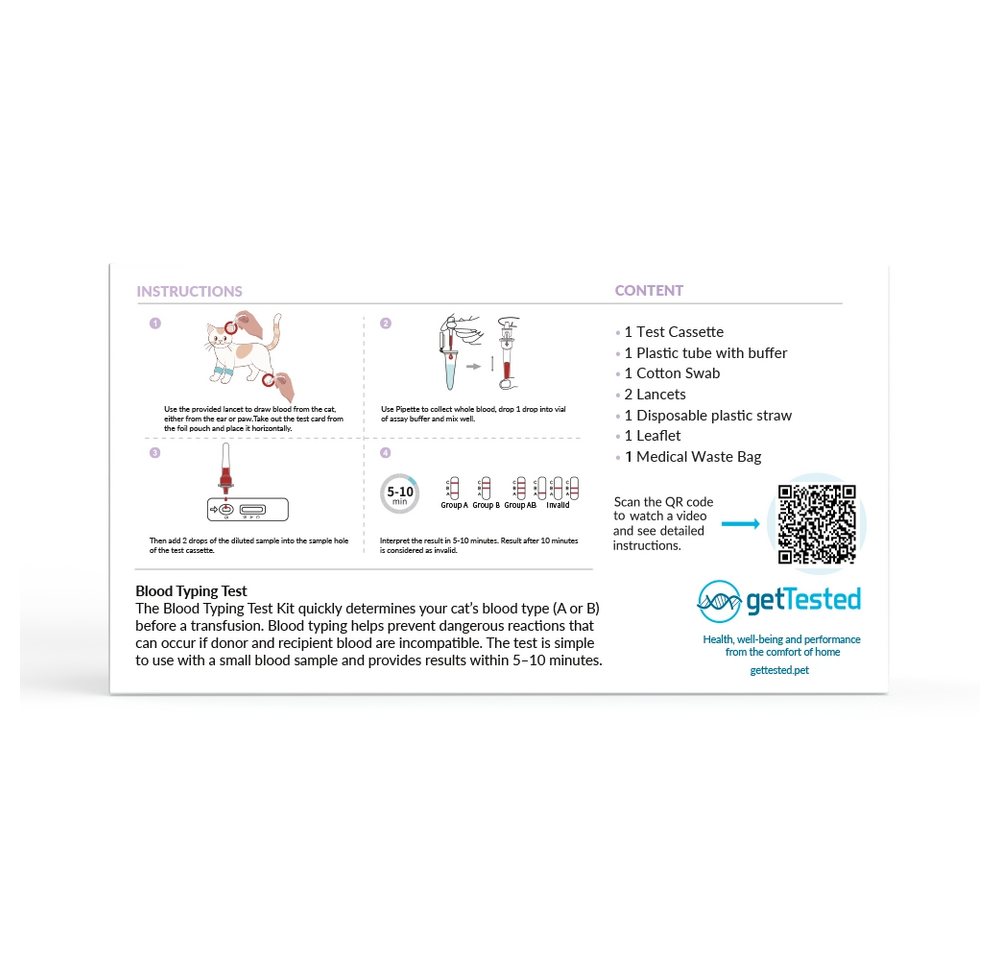 GetTested International AB Unverträglichkeitstest Blutgruppen-Test Katze, 1 Messparameter, Testkit, 1-tlg., Blutgruppentest für Katzen, Blutgruppenbestimmung A/B/AB bei Katzen Bild 2