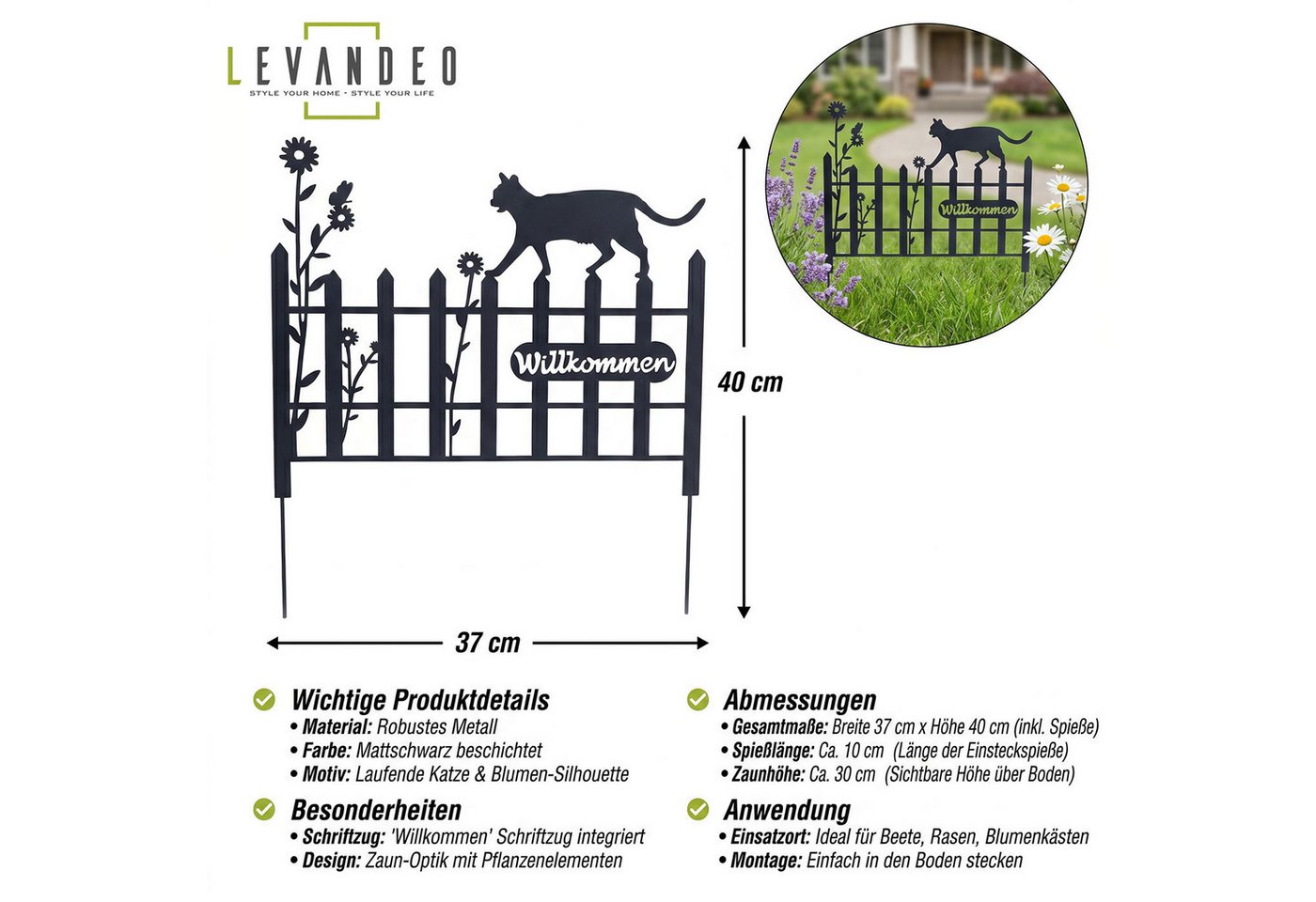 Levandeo® Gartenstecker Gartenstecker Metall Katze 37x40cm Garten Zaun Schwarz Willkommen Gart