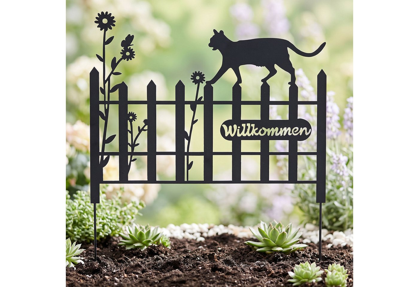 Levandeo® Gartenstecker Gartenstecker Metall Katze 37x40cm Garten Zaun Schwarz Willkommen Gart Bild 4