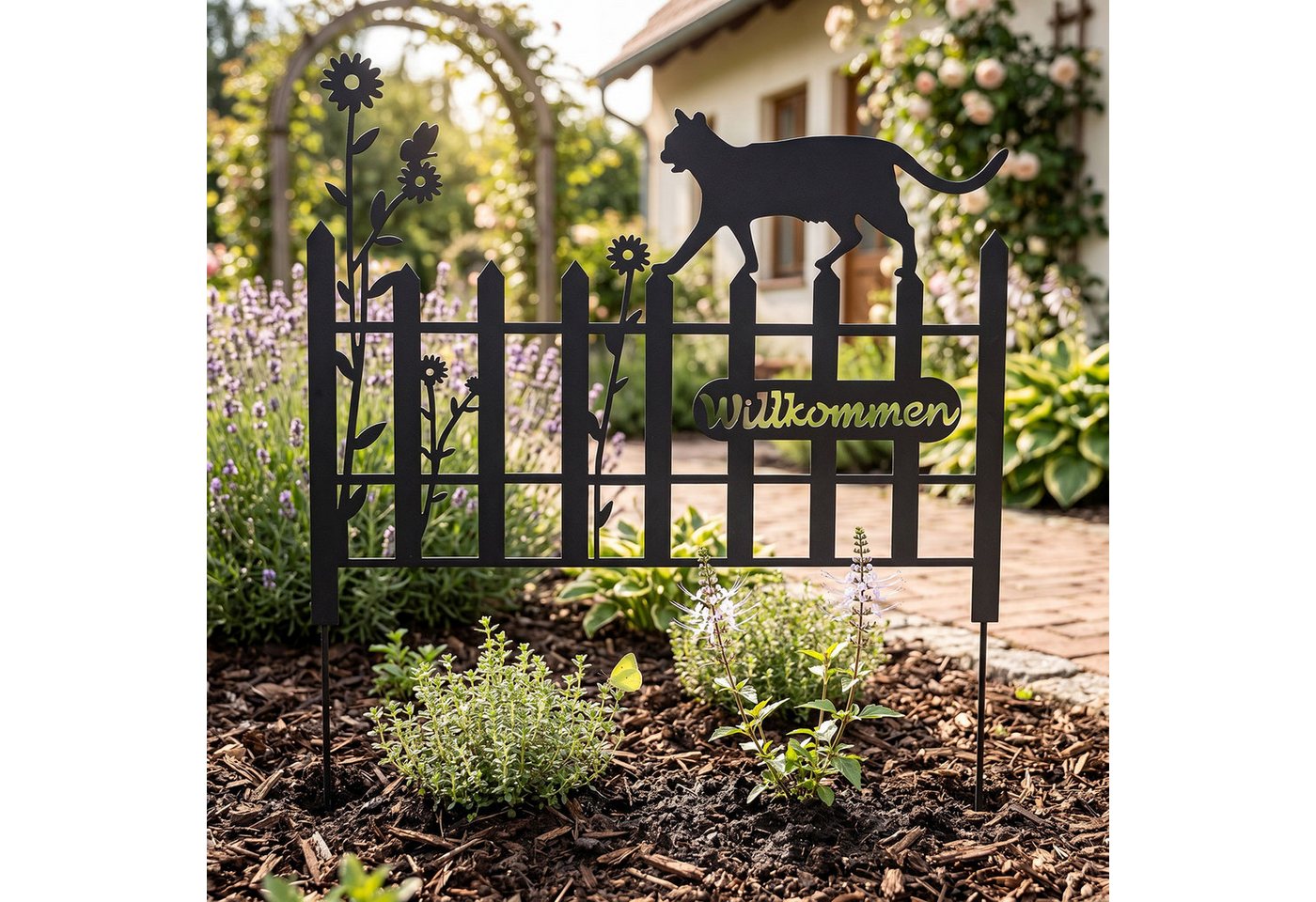 Levandeo® Gartenstecker Gartenstecker Metall Katze 37x40cm Garten Zaun Schwarz Willkommen Gart Bild 5