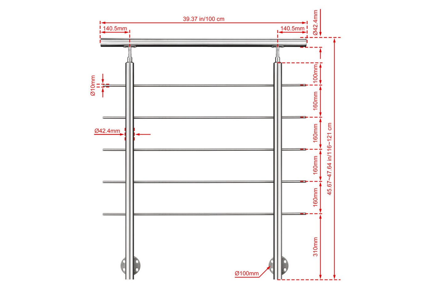 AICA Treppengeländer Geländer-Set aus Edelstahl 304 Seitenmontage Verlängerbar L 100-240 cm, 100 cm Länge, Packung, 5-tlg., V2A, höhen- und winkelverstellbar, wahlweise mit 3 oder 5 Querstreben