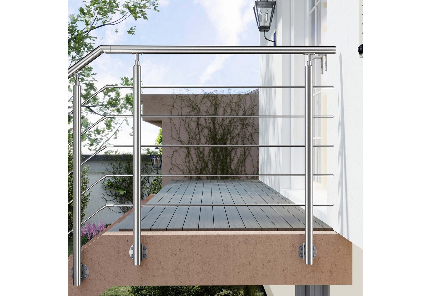 AICA Treppengeländer Geländer-Set aus Edelstahl 304 Seitenmontage Verlängerbar L 100-240 cm, 100 cm Länge, Packung, 5-tlg., V2A, höhen- und winkelverstellbar, wahlweise mit 3 oder 5 Querstreben Bild 2