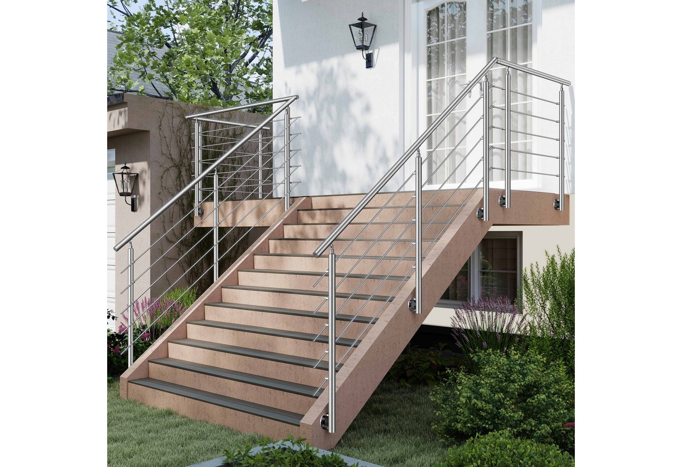 AICA Treppengeländer Geländer-Set aus Edelstahl 304 Seitenmontage Verlängerbar L 100-240 cm, 100 cm Länge, Packung, 5-tlg., V2A, höhen- und winkelverstellbar, wahlweise mit 3 oder 5 Querstreben Bild 3