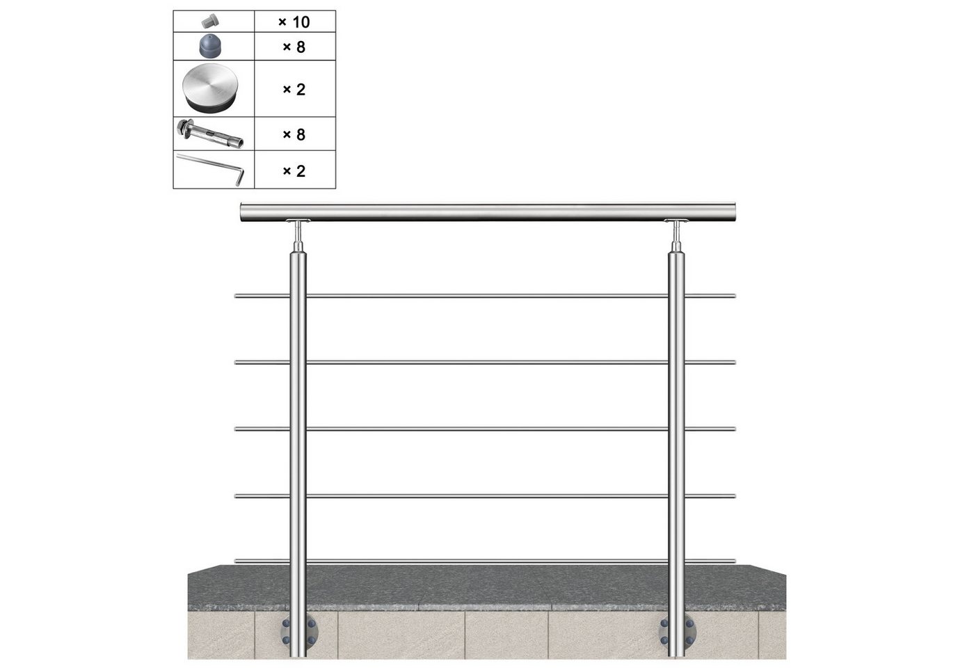 AICA Treppengeländer Geländer-Set aus Edelstahl 304 Seitenmontage Verlängerbar L 100-240 cm, 100 cm Länge, Packung, 5-tlg., V2A, höhen- und winkelverstellbar, wahlweise mit 3 oder 5 Querstreben Bild 5