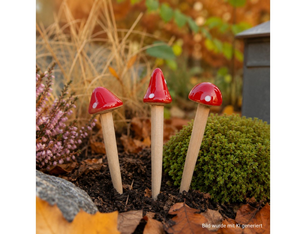 XiRRiX Gartenstecker Pilze aus Keramik 3er Set Gartendeko (Beet Stecker, Pilzfiguren) Fliegenpilz Herbstdeko Bild 2
