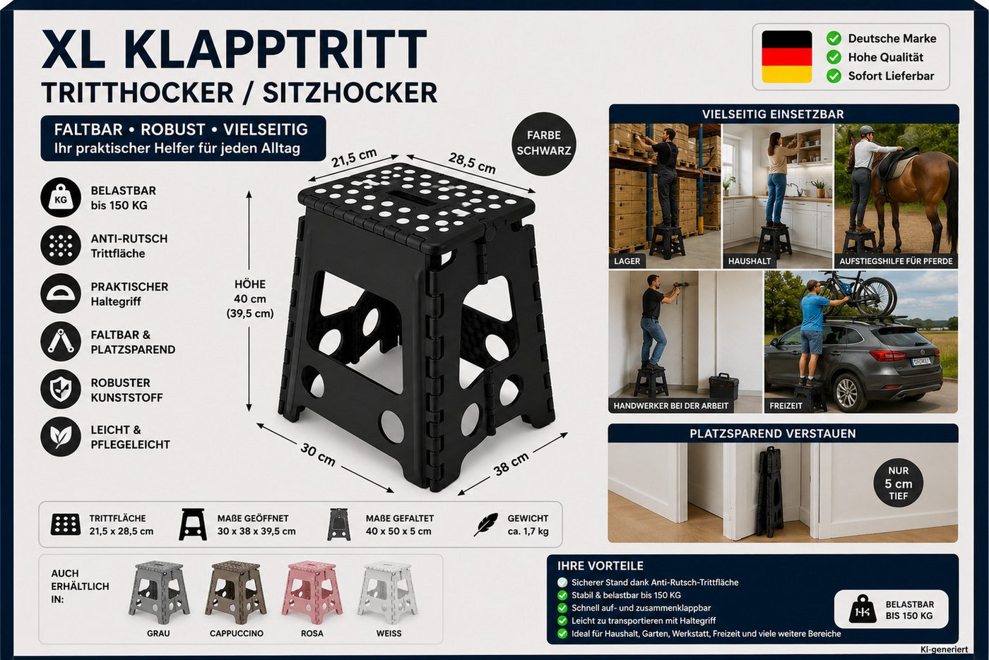 HH-Haushalt Klapptritt XL Klapptritt faltbar 40cm Schwarz bis 150kg mit Anti-Rutsch Tritt