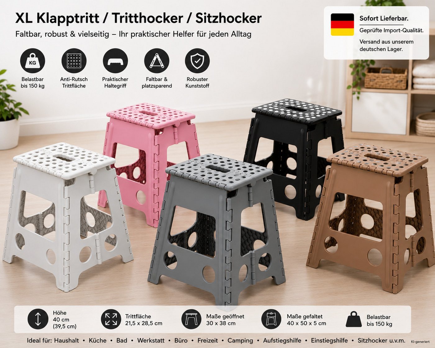 HH-Haushalt Klapptritt XL Klapptritt faltbar 40cm Schwarz bis 150kg mit Anti-Rutsch Tritt Bild 3