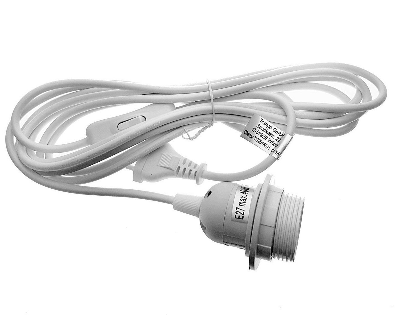 TRANGO Pendelleuchte, 1011-500W Lampenfassung mit ON/OFF Schalter - E27 Fassung weiß mit 5m Netzkabel I Schraubring I Schalter, Lampenaufhängung, Pendelleuchte, Hängeleuchte