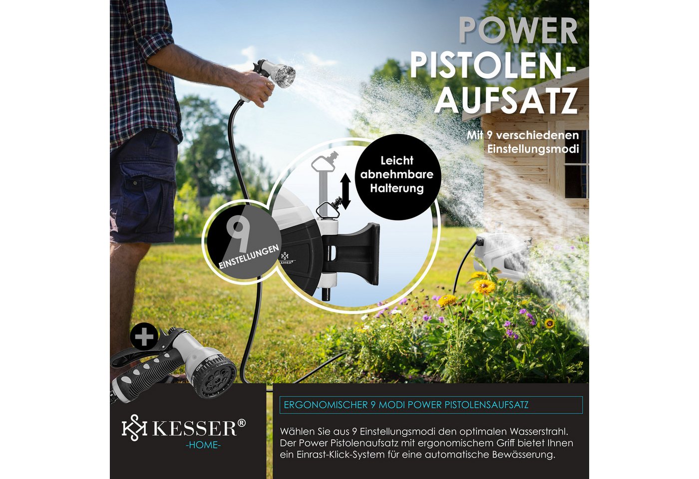 KESSER Gartenschlauch, Schlauchaufroller Automatik mit 2-Wege-Verteiler & Wandhalterung Bild 2