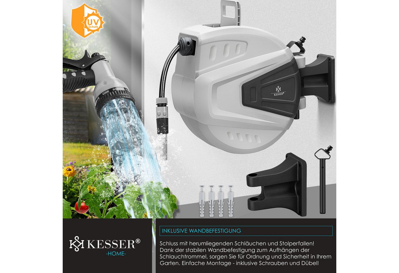 KESSER Gartenschlauch, Schlauchaufroller Automatik mit 2-Wege-Verteiler & Wandhalterung Bild 5