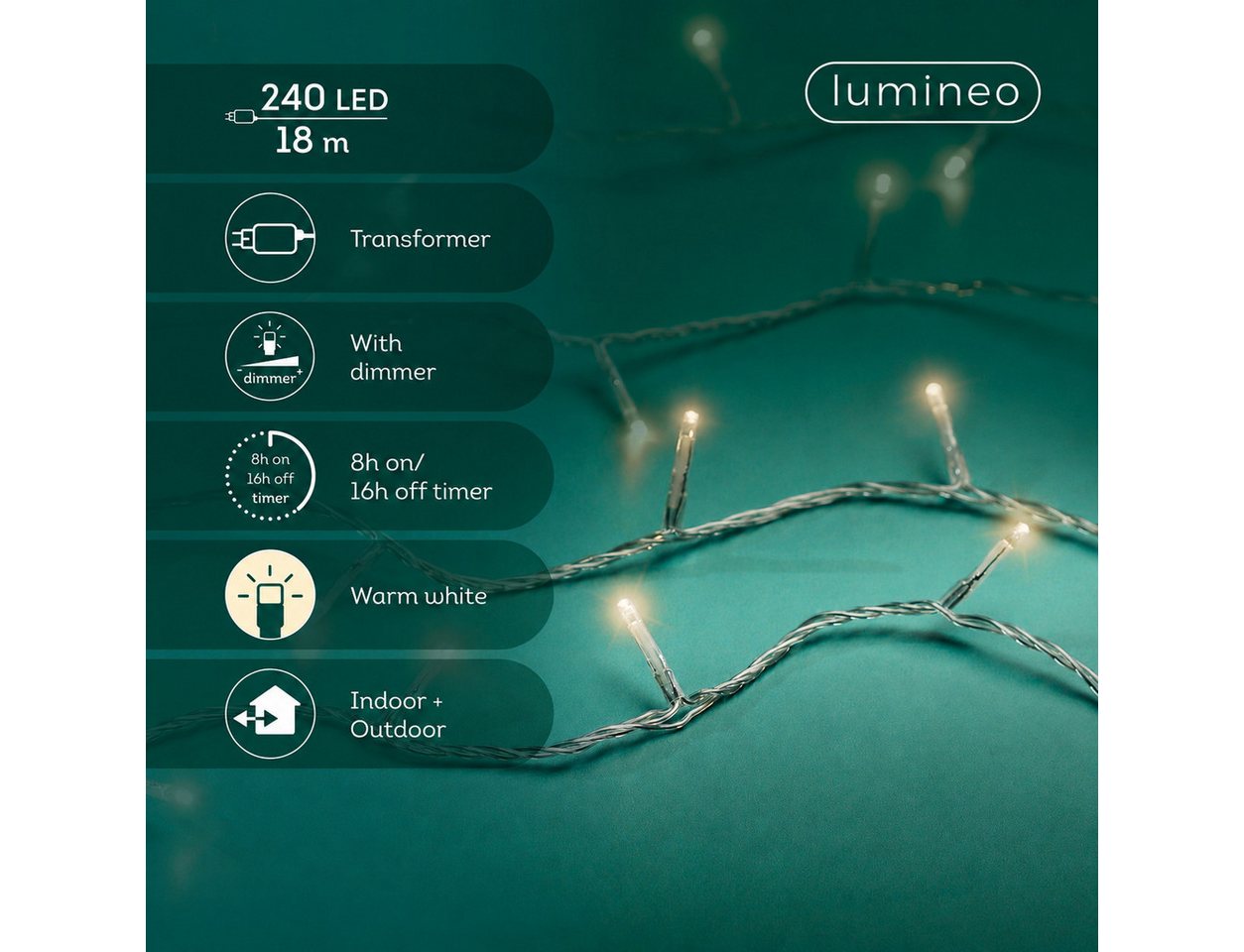 Lumineo LED-Lichterkette Lumineo Lichterkette BASIC 240 LED 18 m warm weiß, transparentes Kabel, Indoor/Outdoor, dimmbar, 8h-Timer, + 5 m Zuleitung