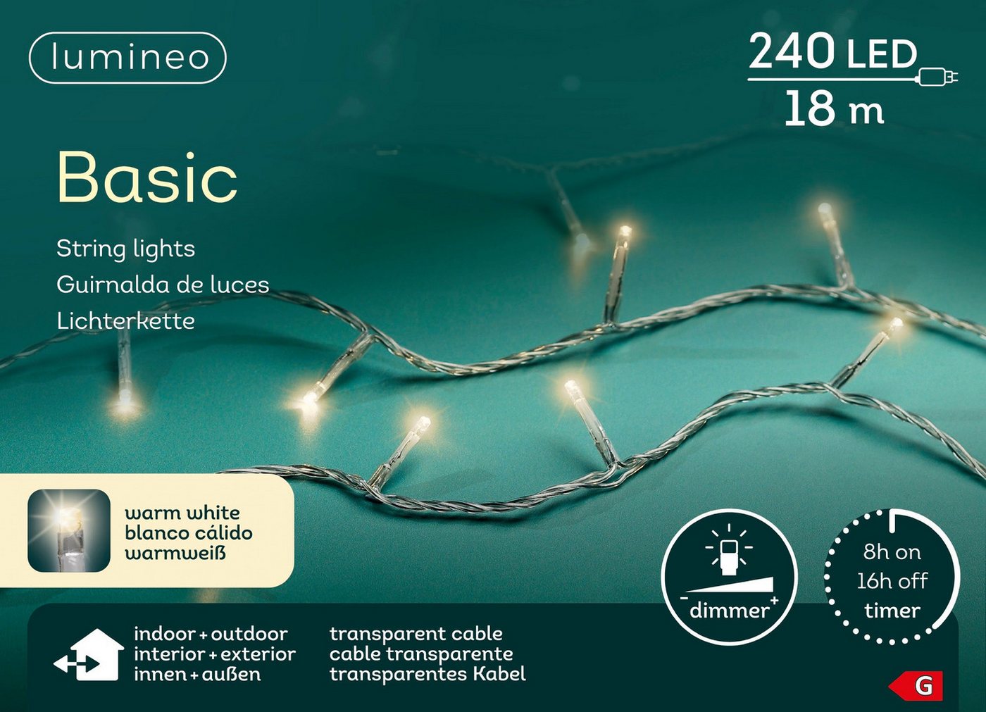 Lumineo LED-Lichterkette Lumineo Lichterkette BASIC 240 LED 18 m warm weiß, transparentes Kabel, Indoor/Outdoor, dimmbar, 8h-Timer, + 5 m Zuleitung Bild 5
