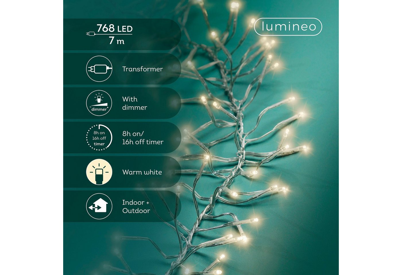 Lumineo LED-Lichterkette Lumineo Lichterkette CLUSTER 768 LED 7m warm weiß, transparentes Kabel, Indoor/Outdoor, dimmbar, 8h-Timer, + 5 m Zuleitung Bild 3