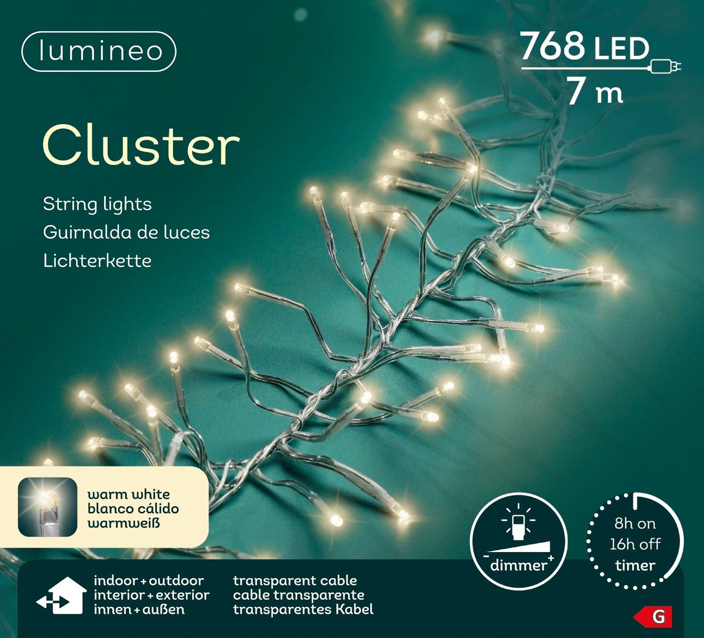 Lumineo LED-Lichterkette Lumineo Lichterkette CLUSTER 768 LED 7m warm weiß, transparentes Kabel, Indoor/Outdoor, dimmbar, 8h-Timer, + 5 m Zuleitung Bild 4