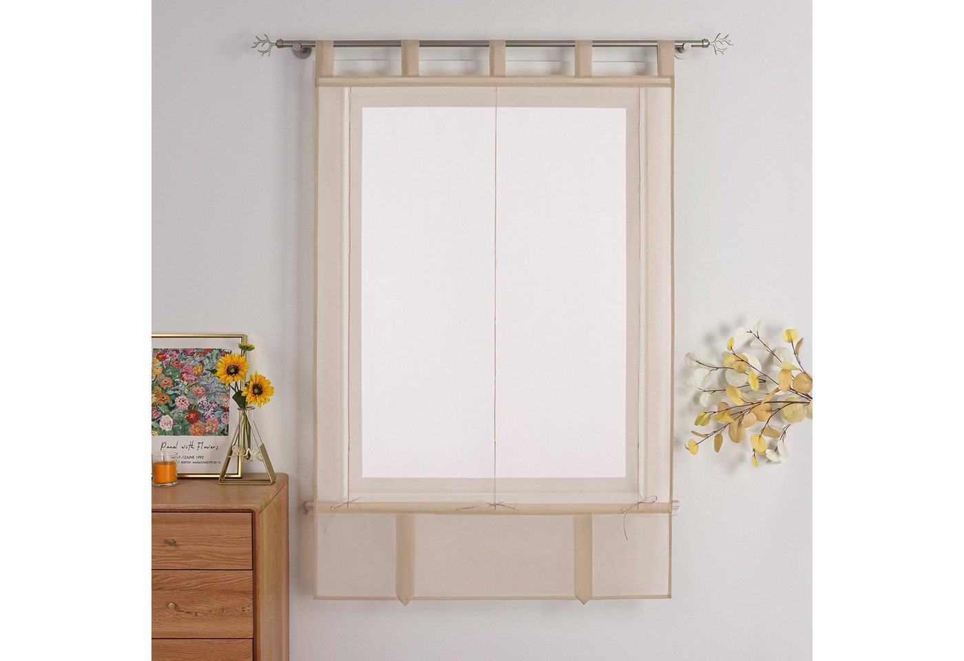 Joyswahl Raffrollo mit Bändern, luftiges Fensterrollo, in vielen Farben zur Auswahl, mit Schlaufen, Bändchen am Saum, Uni Vorhänge Modern Voile, Küche Bild 2