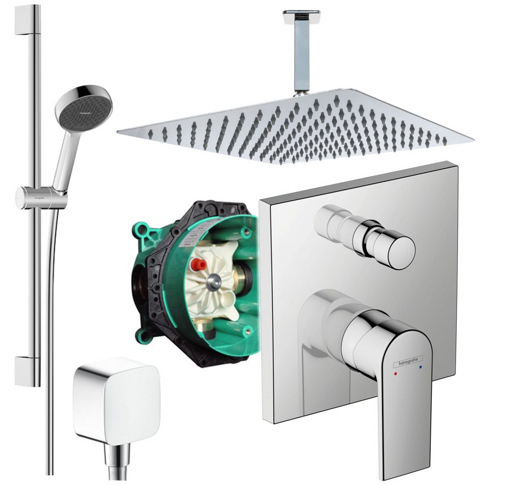 Hansgrohe und Jowi Duscharmatur Vernis Shape, Unterputz Duschsystem, Regendusche mit Deckenanschluss (Unterputz-Duschsystem) Kopfbrause und Deckenanschluss aus Edelstahl