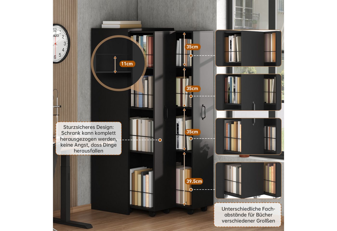 Celya Bücherregal Erweiterbares Bücherregal mit Rollen, 4 Ebenen, MDF, Küche oder Wohnzimmer verwendet werden, Links und rechts austauschbar, 20 kg Tragkraft pro Ebene Bild 2