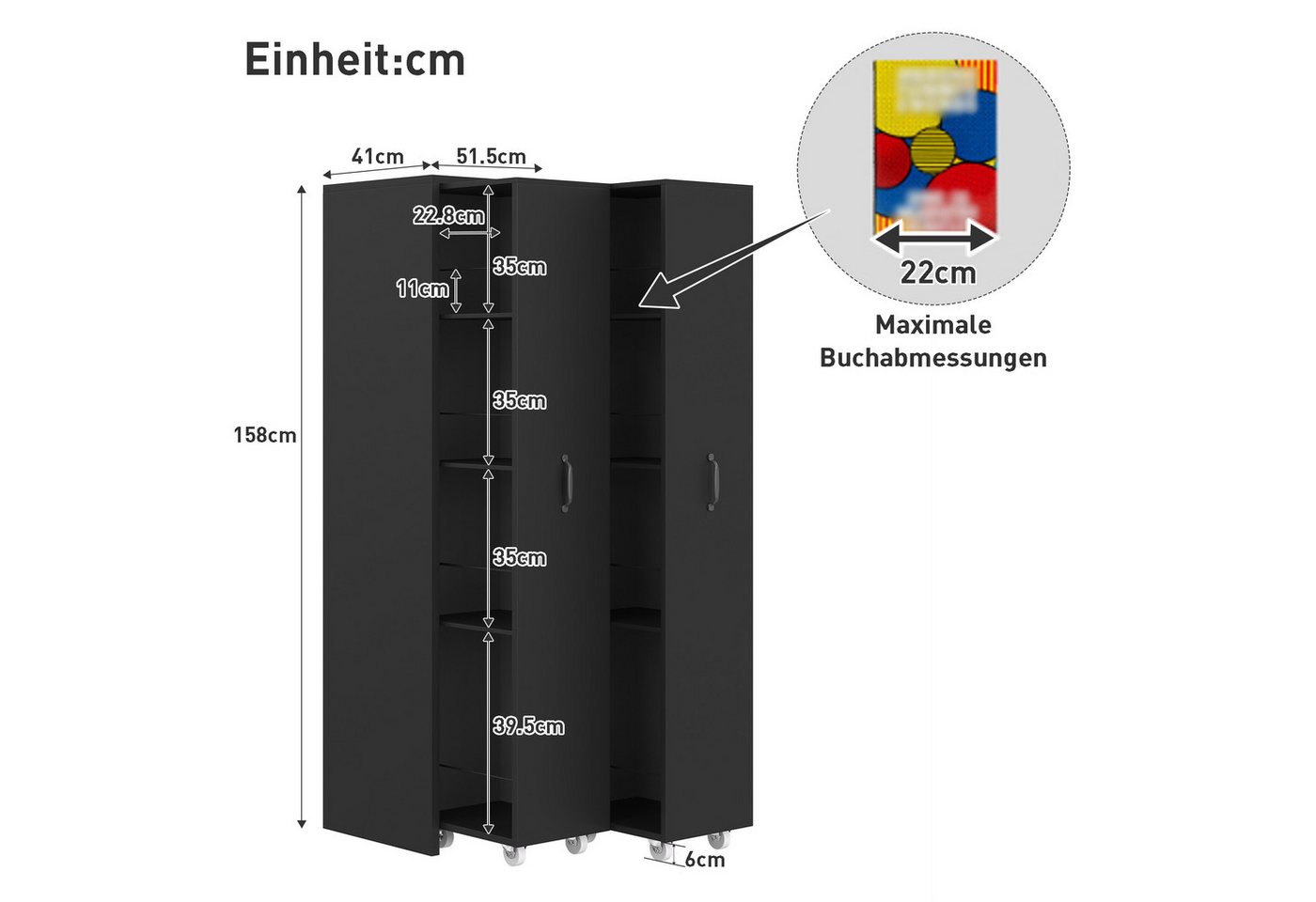 Celya Bücherregal Erweiterbares Bücherregal mit Rollen, 4 Ebenen, MDF, Küche oder Wohnzimmer verwendet werden, Links und rechts austauschbar, 20 kg Tragkraft pro Ebene Bild 3